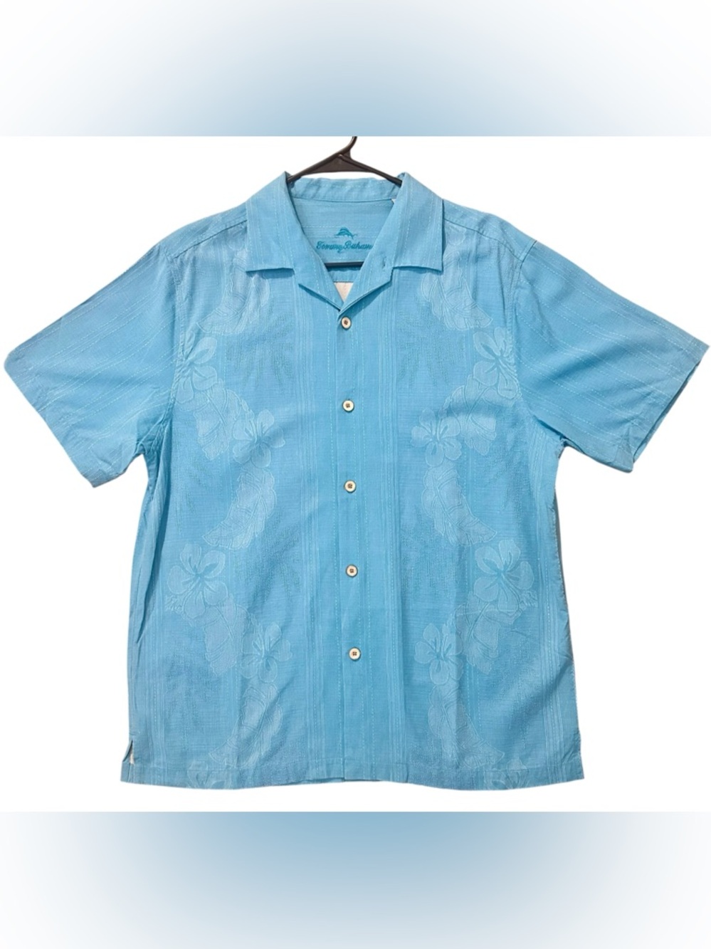 Tommy Bahama Men’s L Bali Border 100% Silk Shirt ST325811-10042-HAZY TEAL